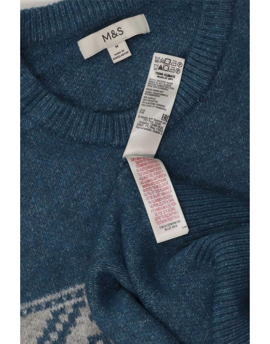Мужской свитер с вырезом «лодочка» Marks & Spencer, средний синий, акриловый, с жаккардовым узором