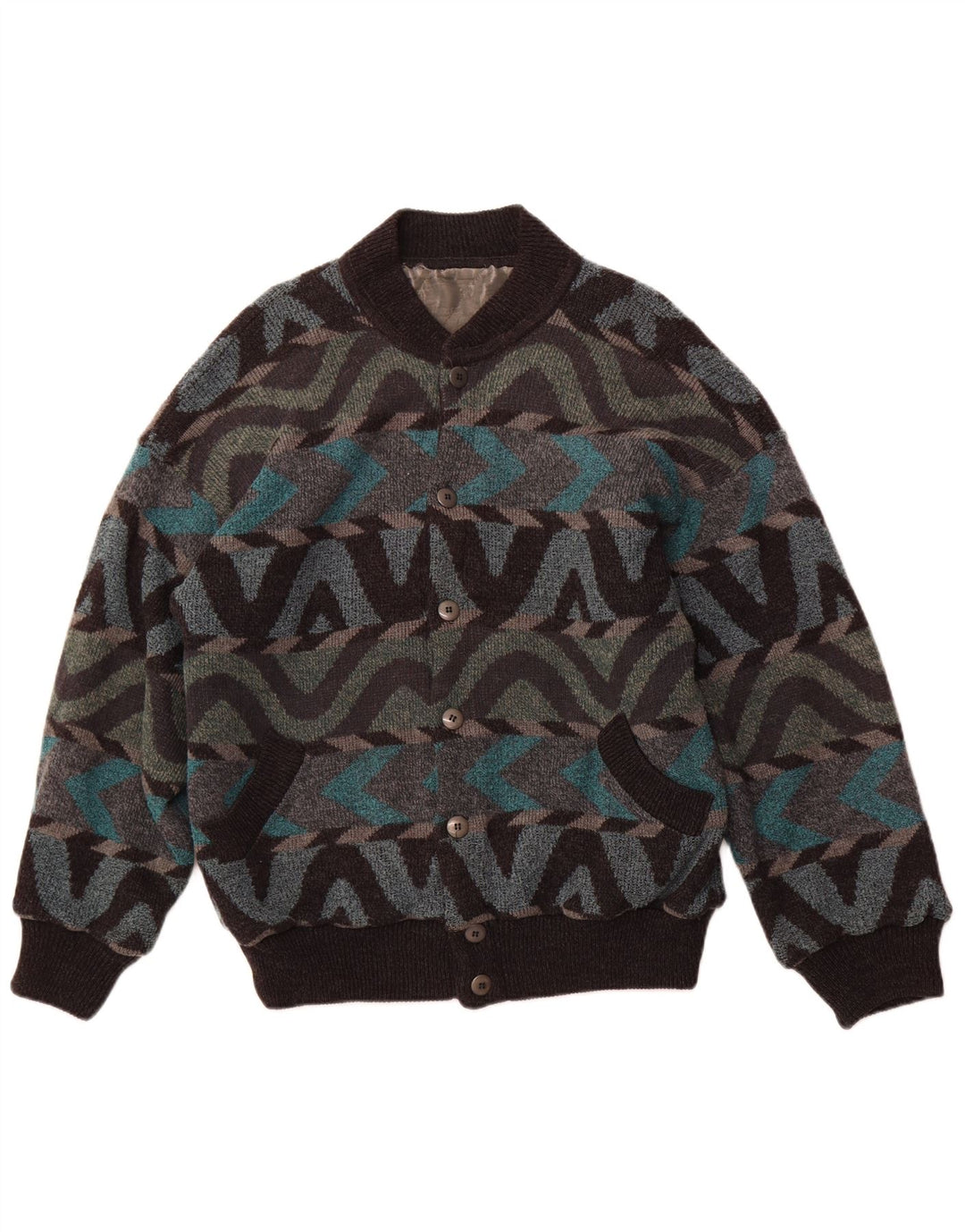 Винтажная мужская куртка-бомбер UK 42 XL из разноцветной шерсти альпаки с геометрическим рисунком