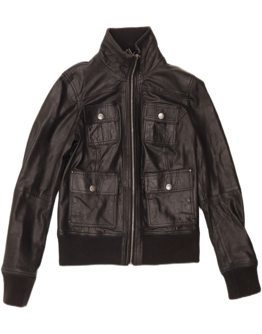 Женская укороченная кожаная куртка BERSHKA UK 14, большая черная кожа