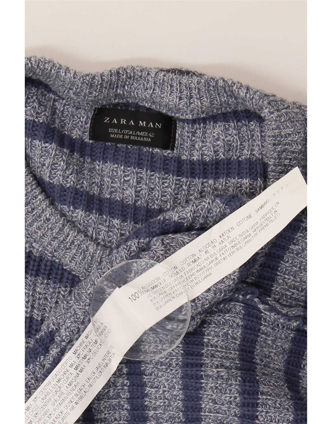 Мужской джемпер с круглым вырезом Zara, хлопковый свитер в большую синюю полоску