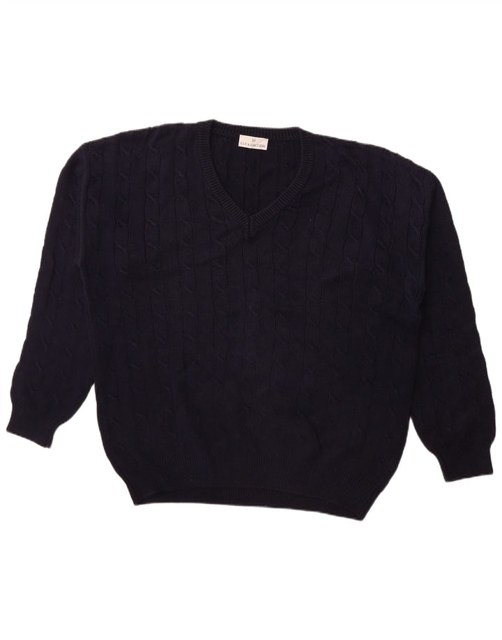 LUCA D'ALTIERI Mens V-Neck Jumper Sweater IT 52 Large Navy Blue