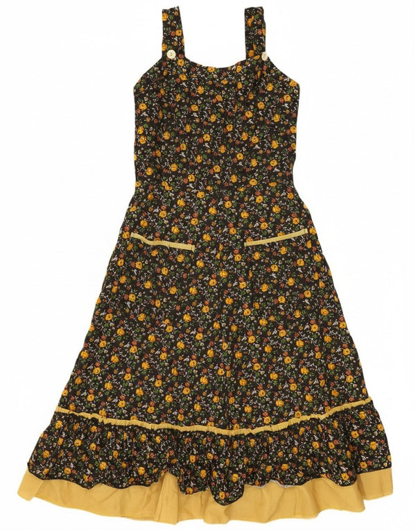 Винтажное женское платье трапециевидной формы без рукавов UK 4 XS, черное с цветочным принтом