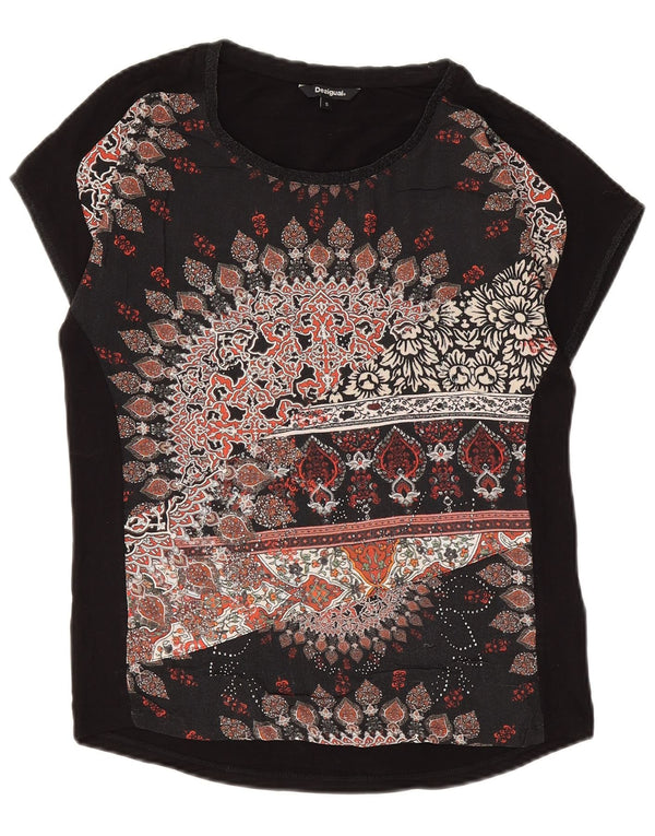 Женская футболка с рисунком Desigual Top UK 10, маленькая, черная, из вискозы с цветочным принтом