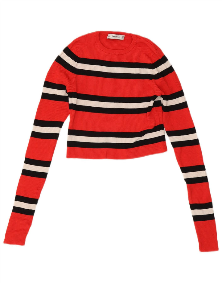 Женский укороченный джемпер с круглым вырезом ZARA UK 8, маленький красный в полоску