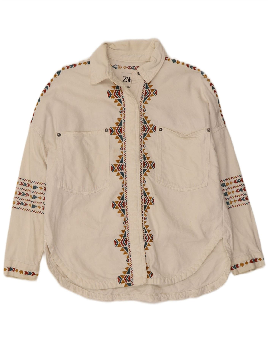 Женская рубашка оверсайз Zara UK 10, маленький размер, белый хлопок с геометрическим рисунком