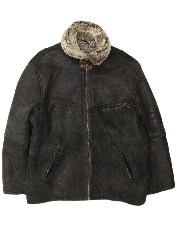 Винтажная мужская дубленка UK 42 XL черная кожаная