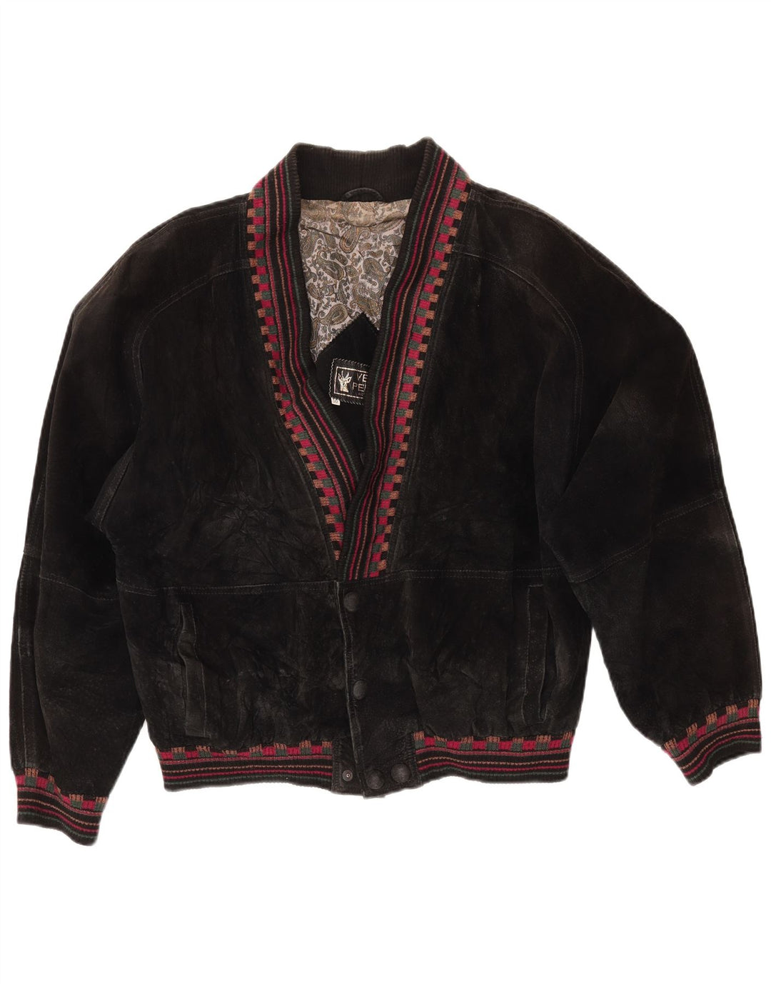 ВИНТАЖНАЯ женская замшевая куртка оверсайз UK 18 XL, черная кожа с геометрическим рисунком