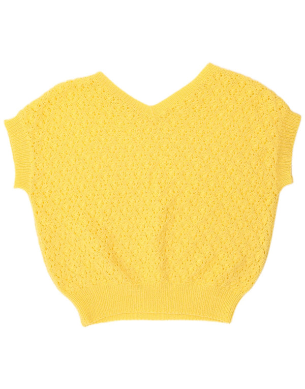 Винтажный женский джемпер с короткими рукавами и v-образным вырезом, вязаный крючком, Великобритания 20 2XL, желтый
