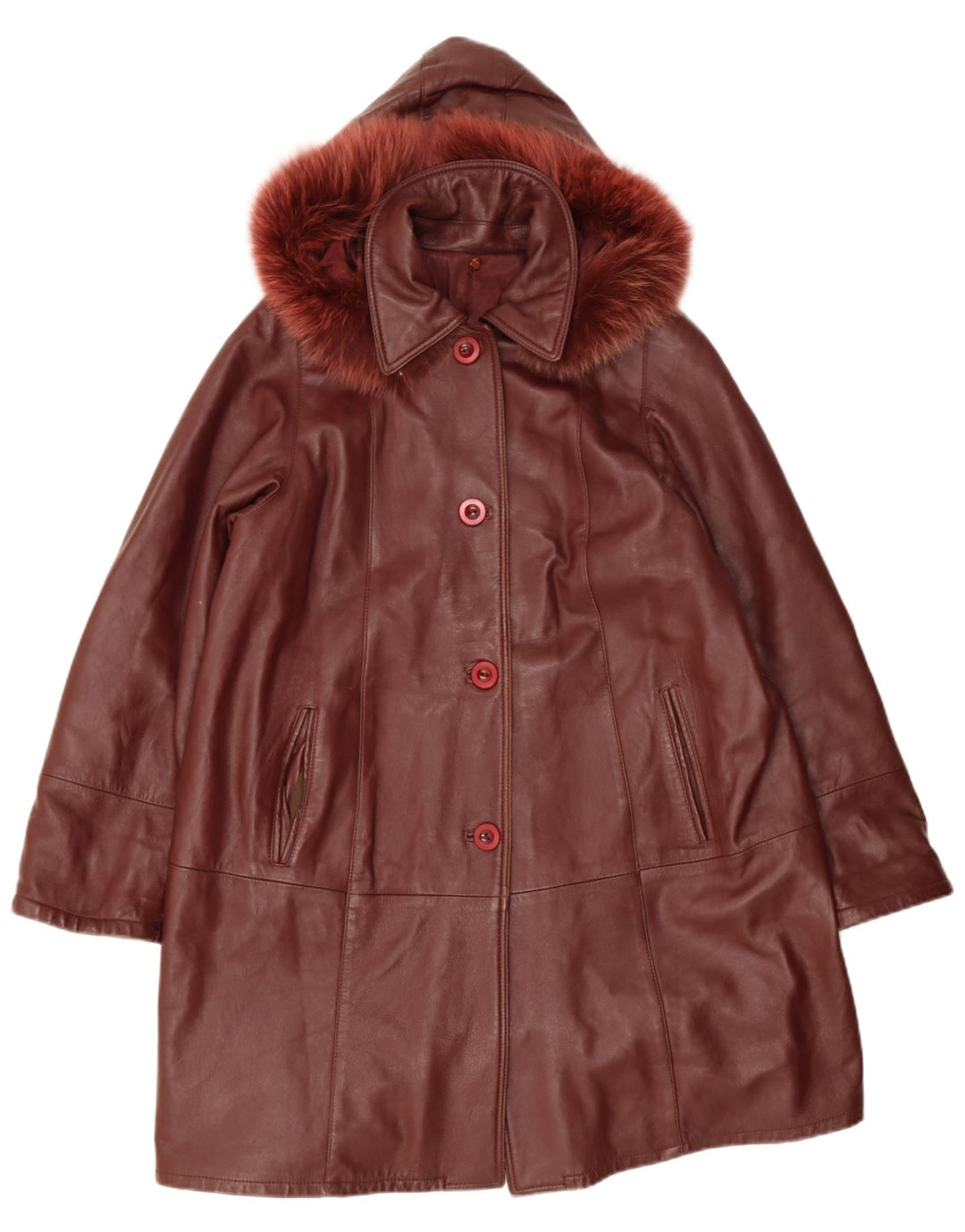 Винтажное женское кожаное пальто с капюшоном UK 14, средний красный