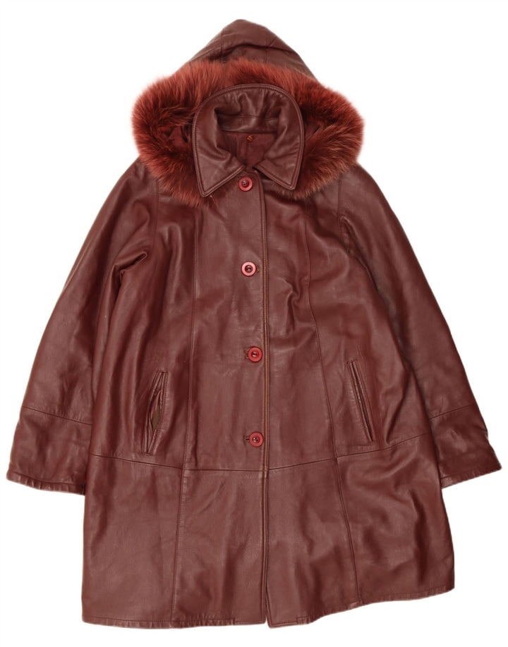 Винтажное женское кожаное пальто с капюшоном UK 14, средний красный