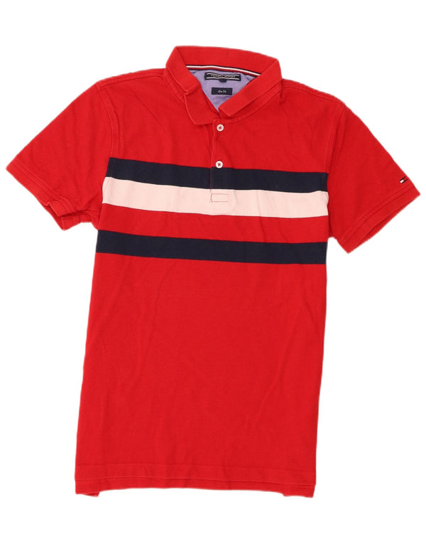 Tommy Hilfiger Мужская рубашка-поло приталенного кроя, большая красная хлопковая рубашка с цветными блоками