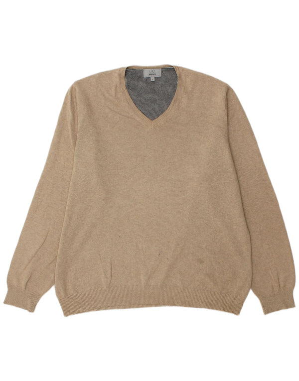 Marks & Spencer Mens Regular Fit V-Neck Jumper Sweater Large Beige Cotton