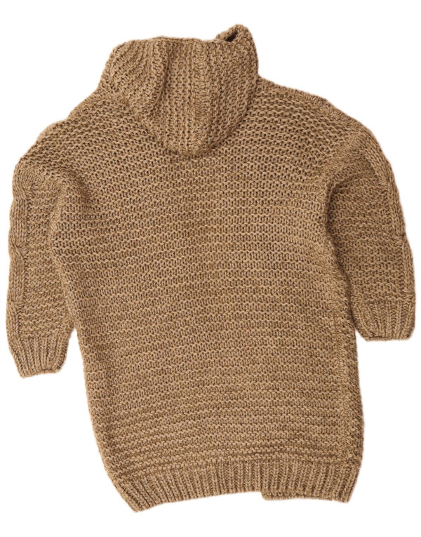 Vintage Womens Longline Hooded Cardigan Sweater UK 10 Small Brown Acrylic