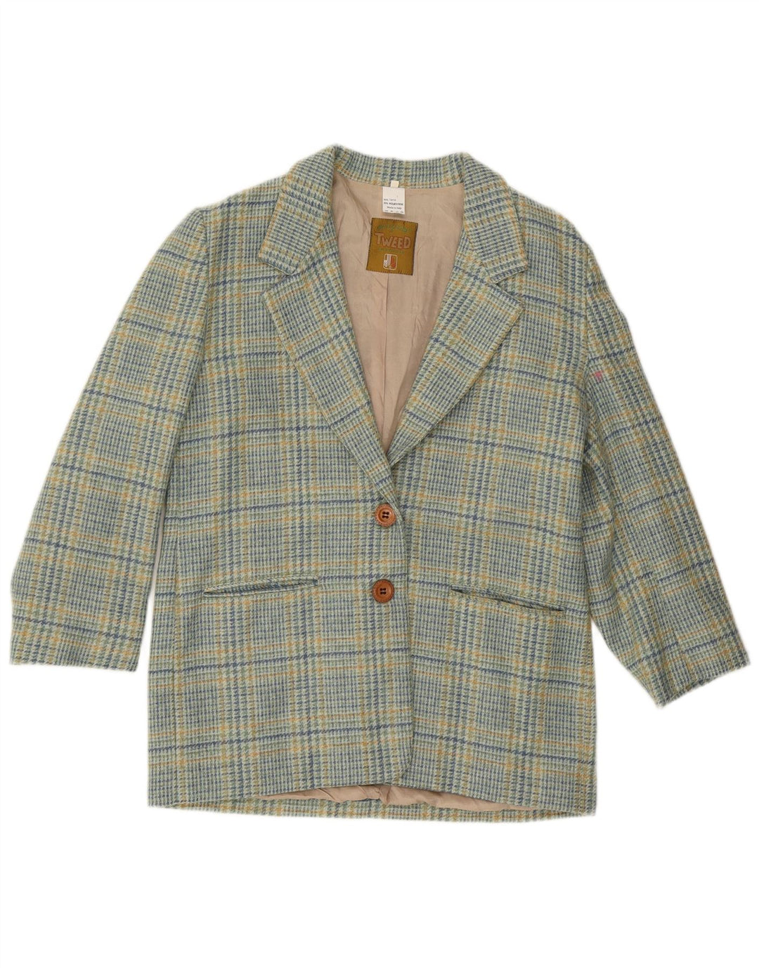 Винтажный женский пиджак на 2 пуговицах IT 46, шерстяной в большую синюю клетку