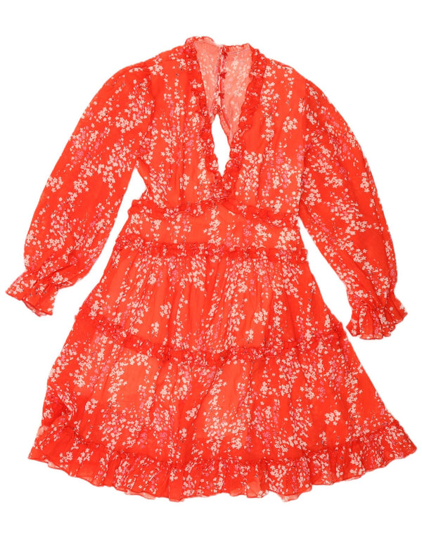 ВИНТАЖНОЕ женское многоярусное платье с длинными рукавами, Великобритания 12, средний красный цвет с цветочным принтом