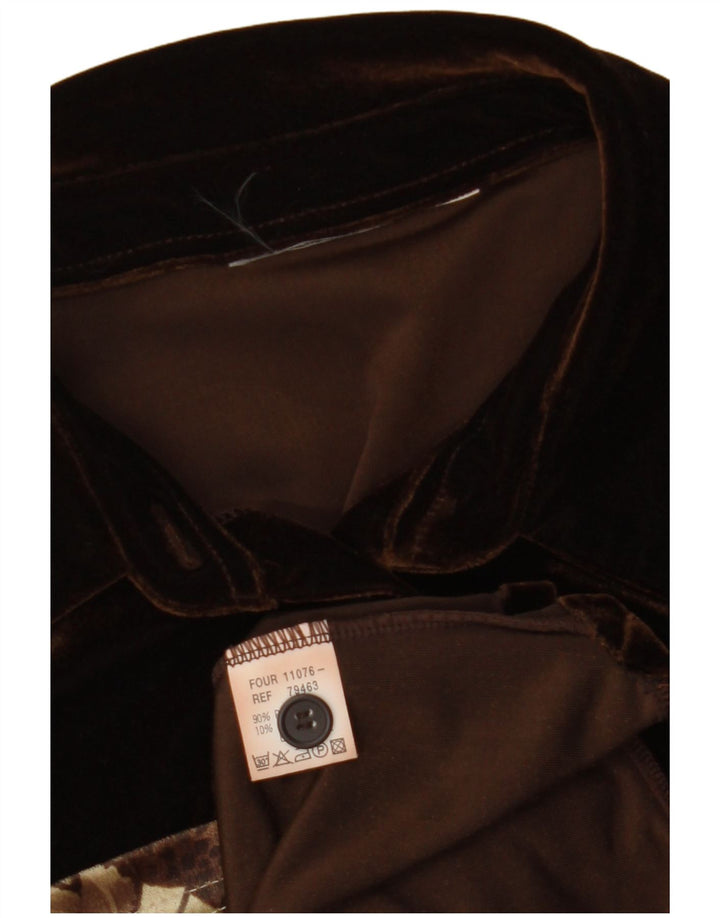 ВИНТАЖНАЯ Женская велюровая блузка-рубашка без рукавов, Великобритания 12, средний коричневый цвет с цветочным принтом