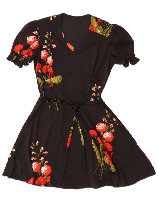 ВИНТАЖНОЕ женское платье А-силуэта UK 12, средний черный с цветочным принтом