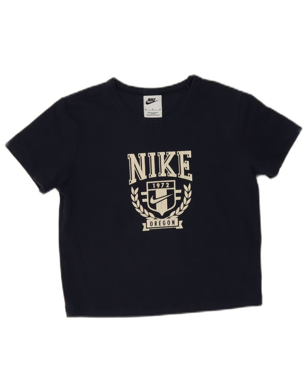 Женская укороченная футболка с графическим рисунком Nike UK 12, средний темно-синий, хлопок