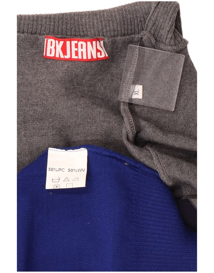 Винтажный мужской джемпер с высоким воротником XL, серый акрил с цветными блоками