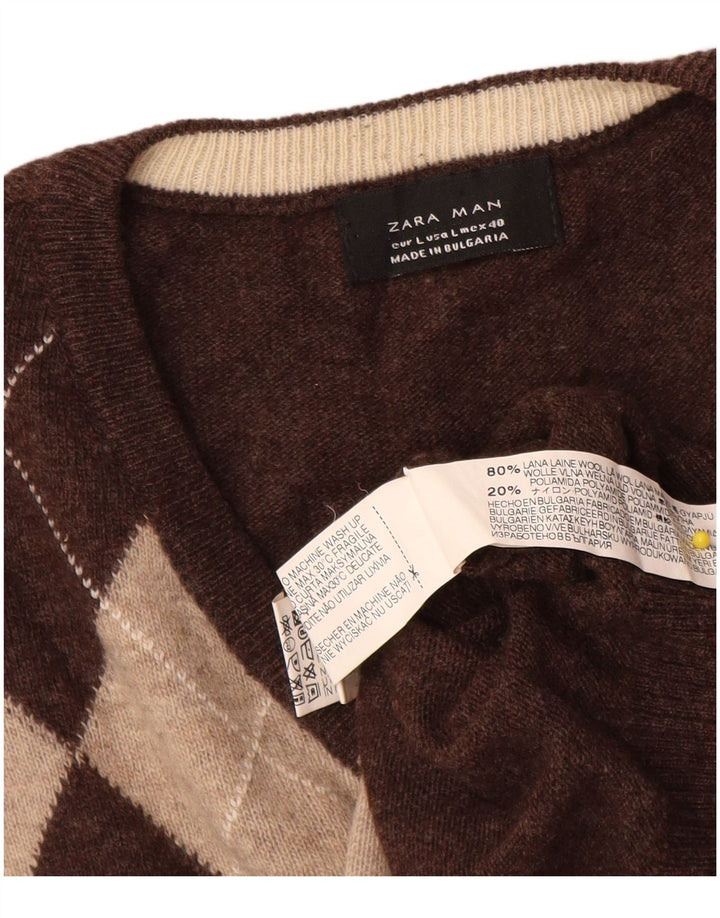 Мужской джемпер Zara с v-образным вырезом, большой коричневый цвет с узором ромб/шерсть