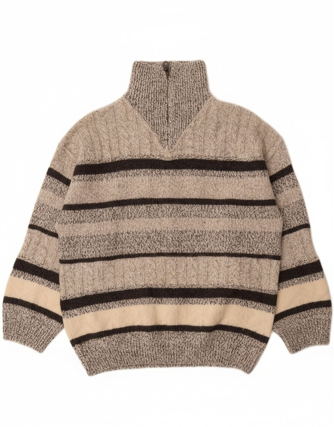 CAMARGUE Mens Zip Neck Jumper Sweater Large Grey Striped Polyacrylic
