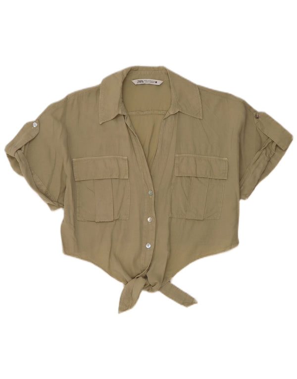 Женская блузка-рубашка оверсайз с укороченной завязкой спереди Zara UK 6 XS, хаки