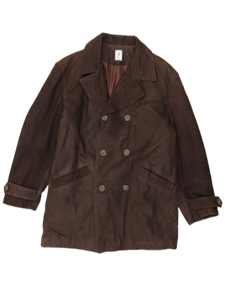 Винтажное мужское двубортное кожаное пальто IT 54 2XL Коричневое кожаное