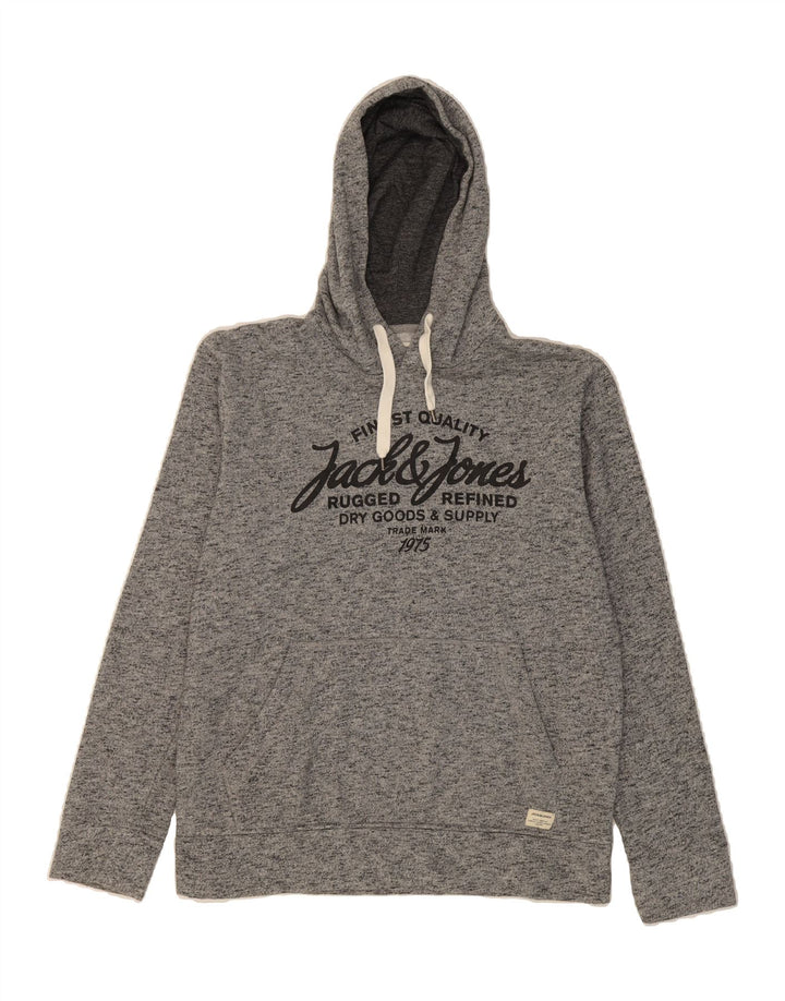 JACK & JONES Mens Graphic Hoodie Jumper Medium Grey Flecked Polyester Vintage Jack & Jones and Second-Hand Jack & Jones from Messina Hembry 