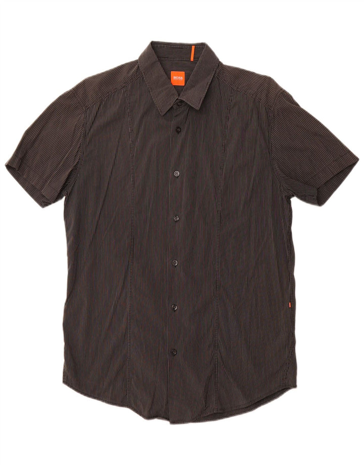 Мужская рубашка с коротким рукавом HUGO BOSS, большая серая хлопковая полоска