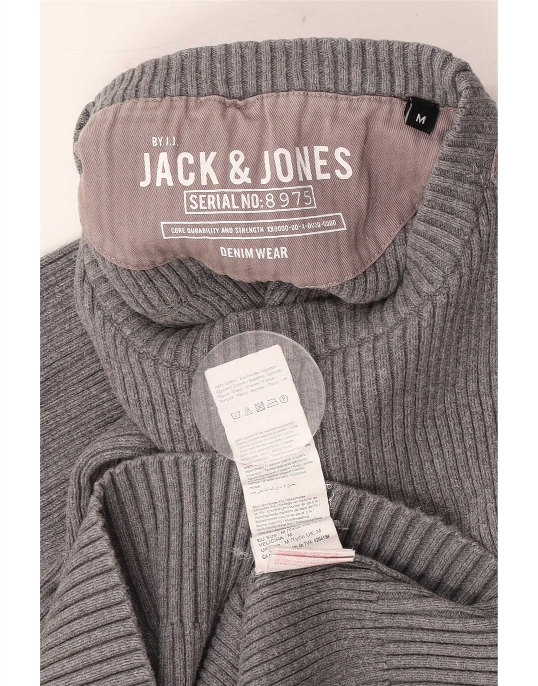 Мужской джемпер с круглым вырезом Jack & Jones, хлопковый свитер среднего серого цвета с цветными блоками