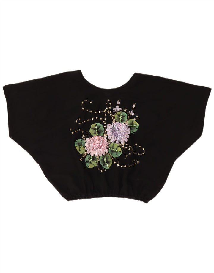 ВИНТАЖНАЯ женская укороченная блузка с крыльями летучей мыши, топ UK 18 XL, черный полиэстер с цветочным принтом