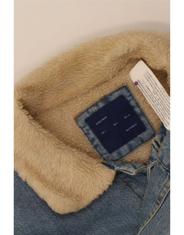 Мужская джинсовая куртка из шерпа Zara UK 40, большая синяя хлопковая ткань