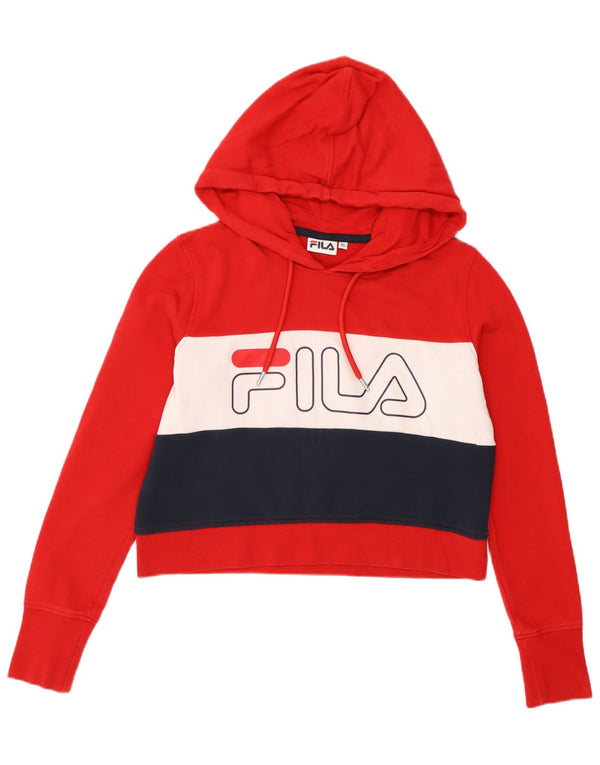 Fila Женский укороченный джемпер свободного кроя с капюшоном и графическим принтом UK 6 XS Красный с цветными блоками