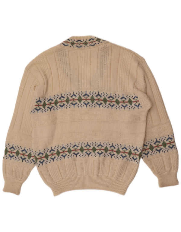 Винтажный мужской джемпер с v-образным вырезом, большой кремовый свитер с жаккардовым узором