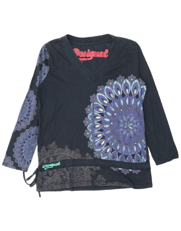 Женский топ с длинным рукавом Desigual, Великобритания 18 XL, темно-синий с цветочным принтом