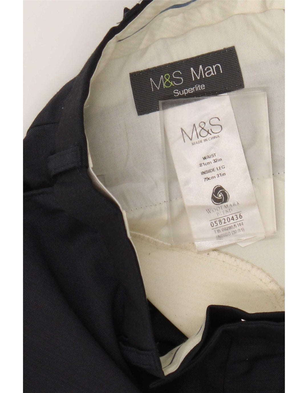 Мужские прямые костюмные брюки Marks & Spencer W32 L31 темно-синие, шерсть