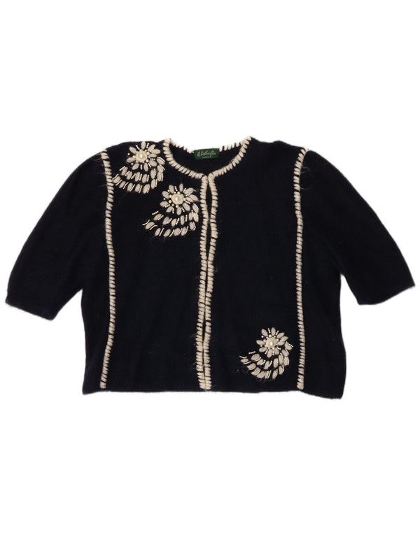 VINTAGE Womens 1/2 Sleeve Bolero Jumper UK 16 Large Navy Blue Floral