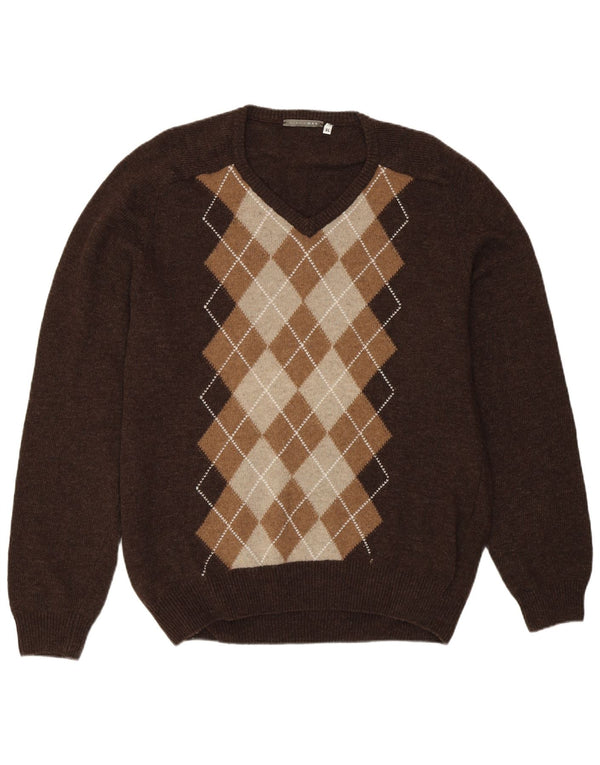 Винтажный мужской джемпер с v-образным вырезом XL, коричневый аргайл/ромб, шерсть
