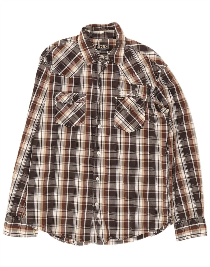 SCOTCH & SODA Mens Graphic Shirt Large Brown Check Cotton