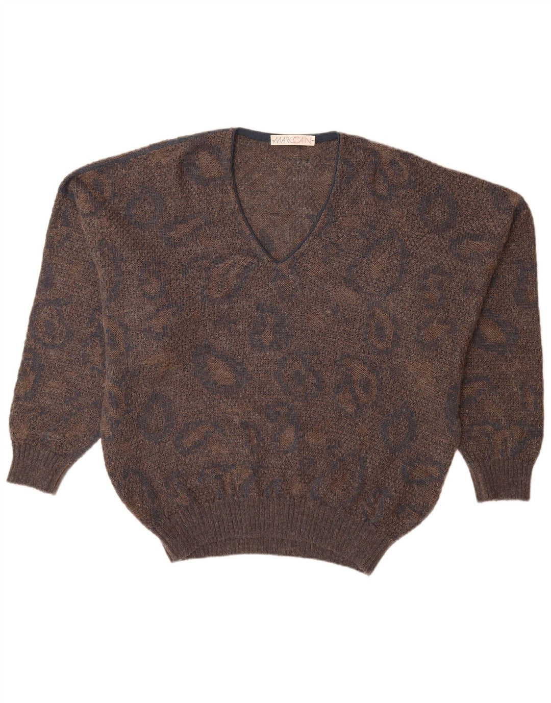 MARCCAIN Мужской джемпер с v-образным вырезом XL, коричневый, шерсть с геометрическим рисунком