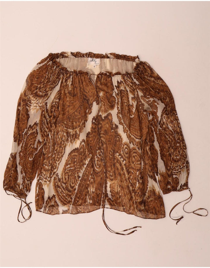Женский топ Milly с открытыми плечами и рукавами 3/4, США 8, средний коричневый шелк с узором пейсли