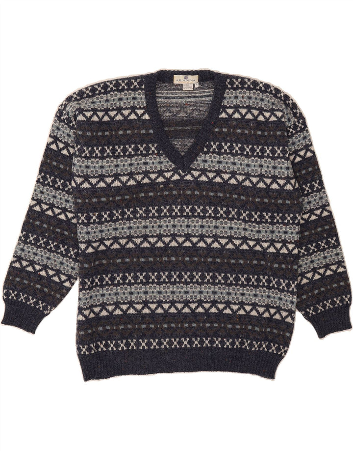 ARIANNA Mens V-Neck Jumper Sweater Medium Navy Blue Striped Polyacrylic Vintage Arianna and Second-Hand Arianna from Messina Hembry 