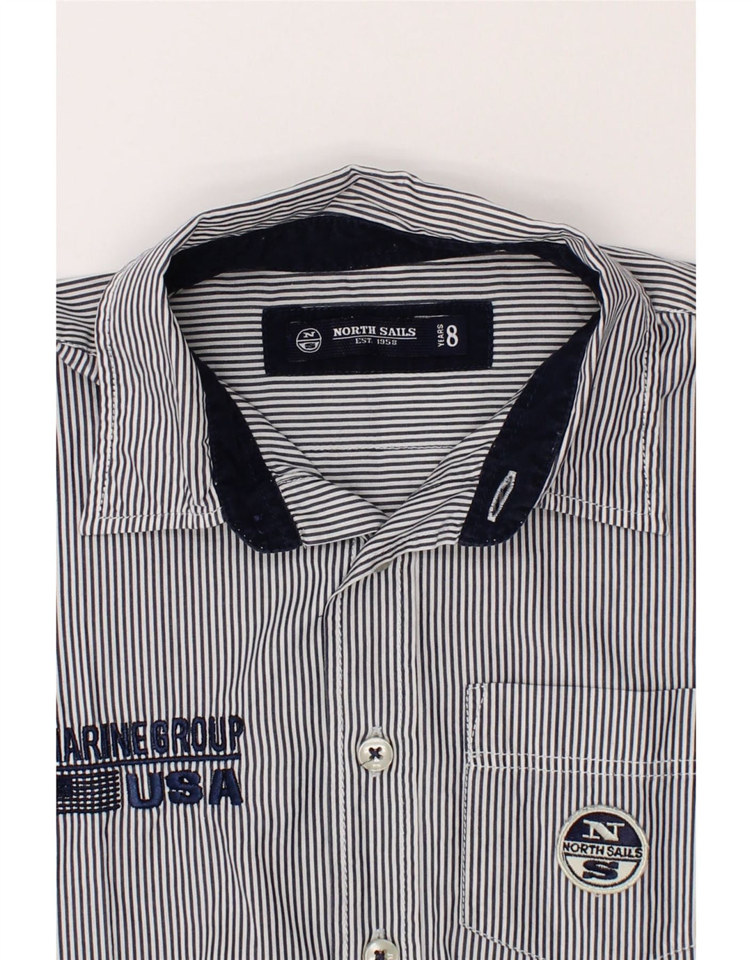 NORTH SAILS Boys Graphic Shirt 7-8 Years Blue Striped Cotton Vintage North Sails and Second-Hand North Sails from Messina Hembry 