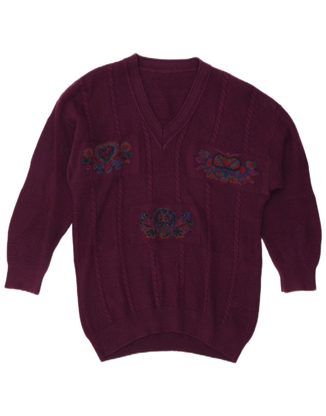 VINTAGE Мужской джемпер с v-образным вырезом XL, фиолетовый цветочный принт