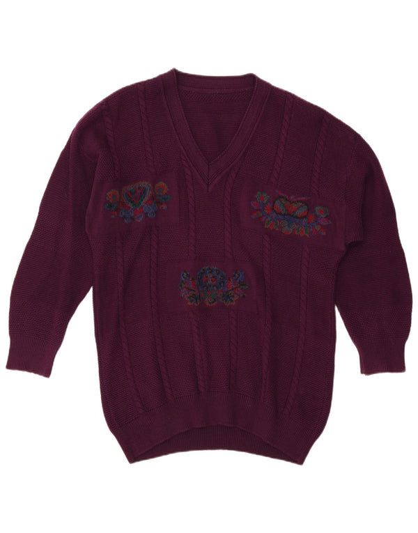 VINTAGE Мужской джемпер с v-образным вырезом XL, фиолетовый цветочный принт