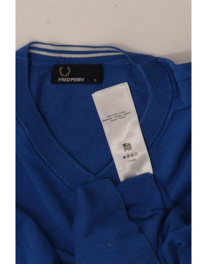 Мужской джемпер с v-образным вырезом Fred Perry, маленький синий хлопковый свитер