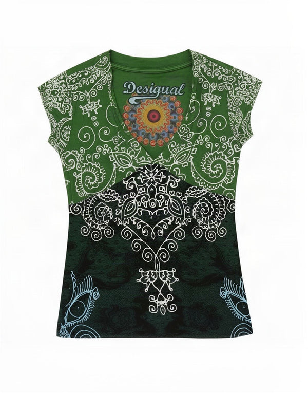 Женская футболка с рисунком Desigual Top UK 6 XS Зеленая вискоза с узором пейсли