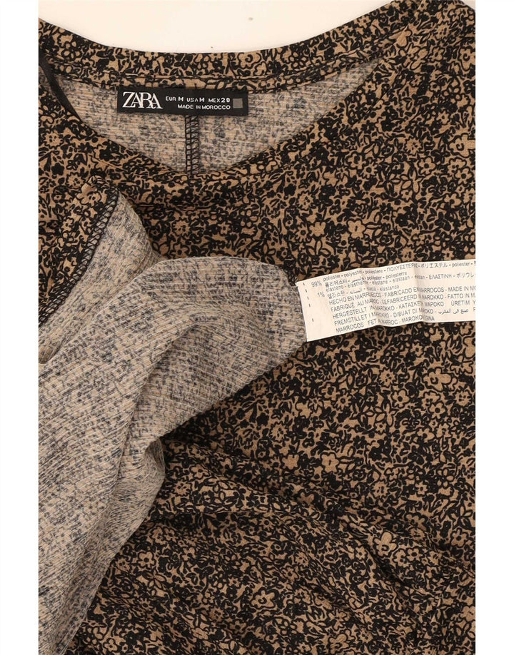 Женское базовое платье с длинным рукавом Zara UK 14, средний коричневый цвет, полиэстер с цветочным принтом