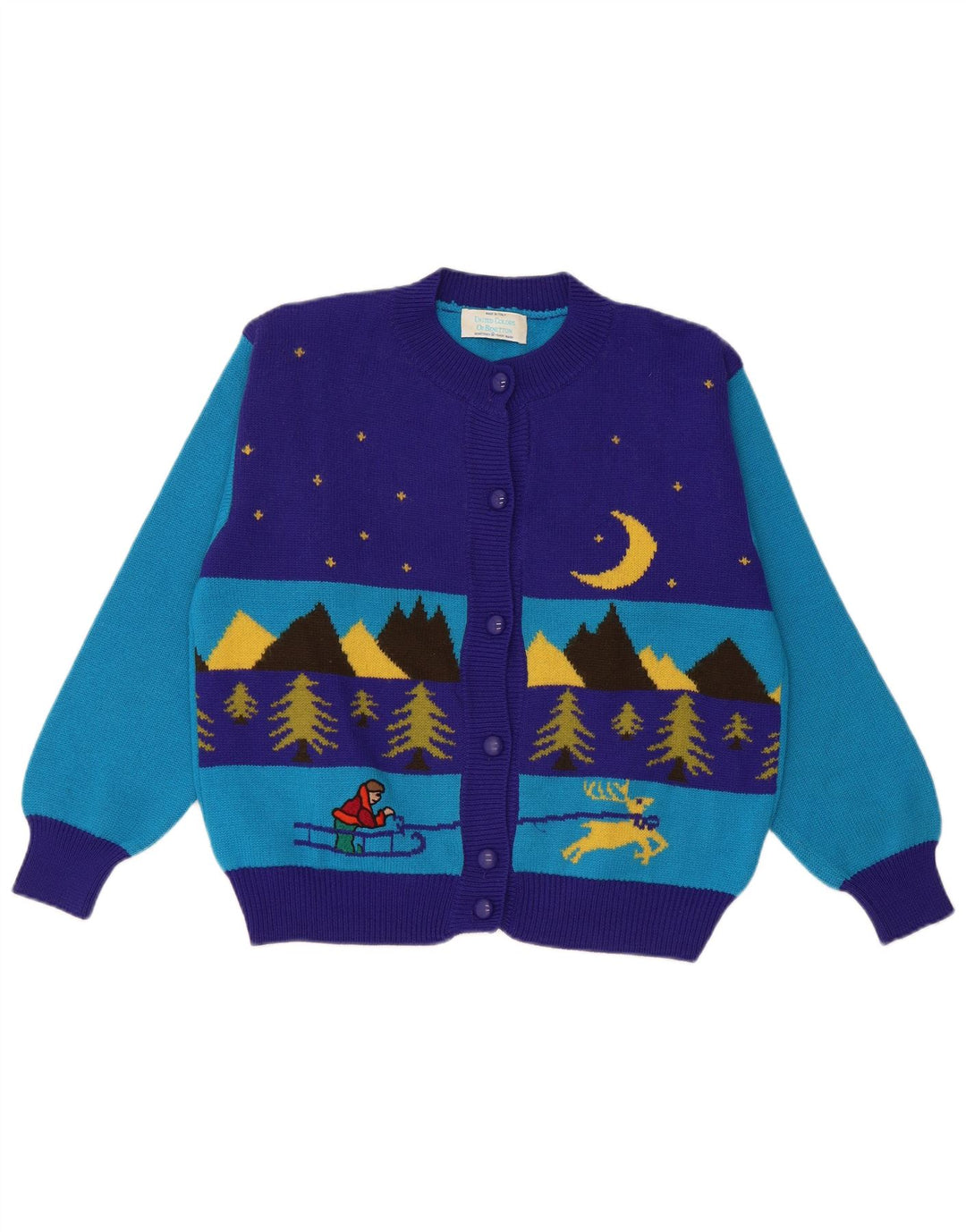 Женский зимний укороченный кардиган Benetton IT 48 XL Синий Шерстяной с цветными блоками