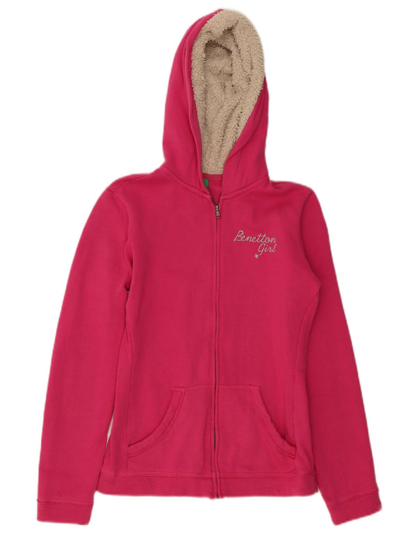 Benetton Свитер с капюшоном и молнией с графическим рисунком для девочек 11–12 лет, размер 2XL, розовый хлопок